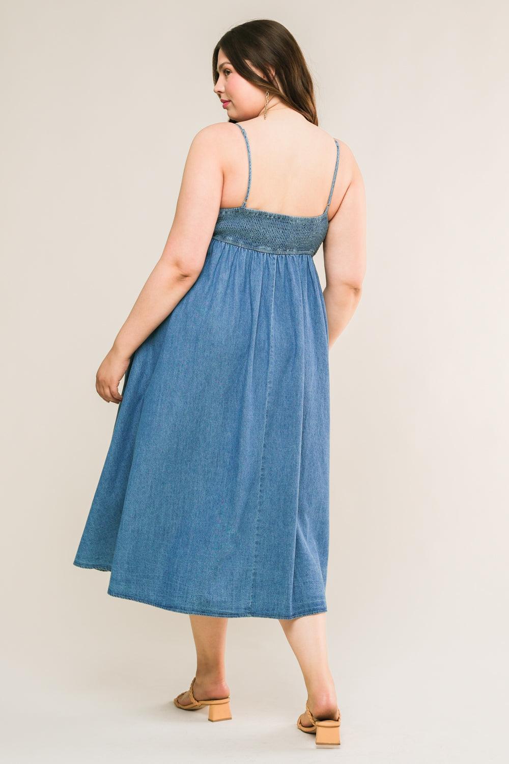 Captivating Heart Denim Midi Dress in light indigo, view 2 — Soul Flow Apparel