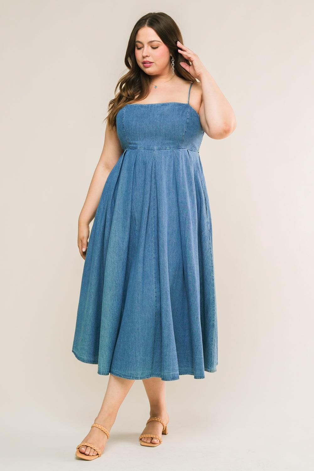 Captivating Heart Denim Midi Dress in light indigo, view 3 — Soul Flow Apparel