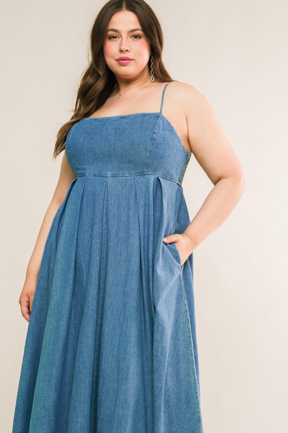 Captivating Heart Denim Midi Dress in light indigo, view 4 — Soul Flow Apparel