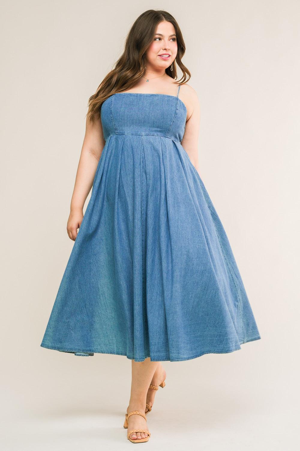 Captivating Heart Denim Midi Dress in light indigo, view 5 — Soul Flow Apparel