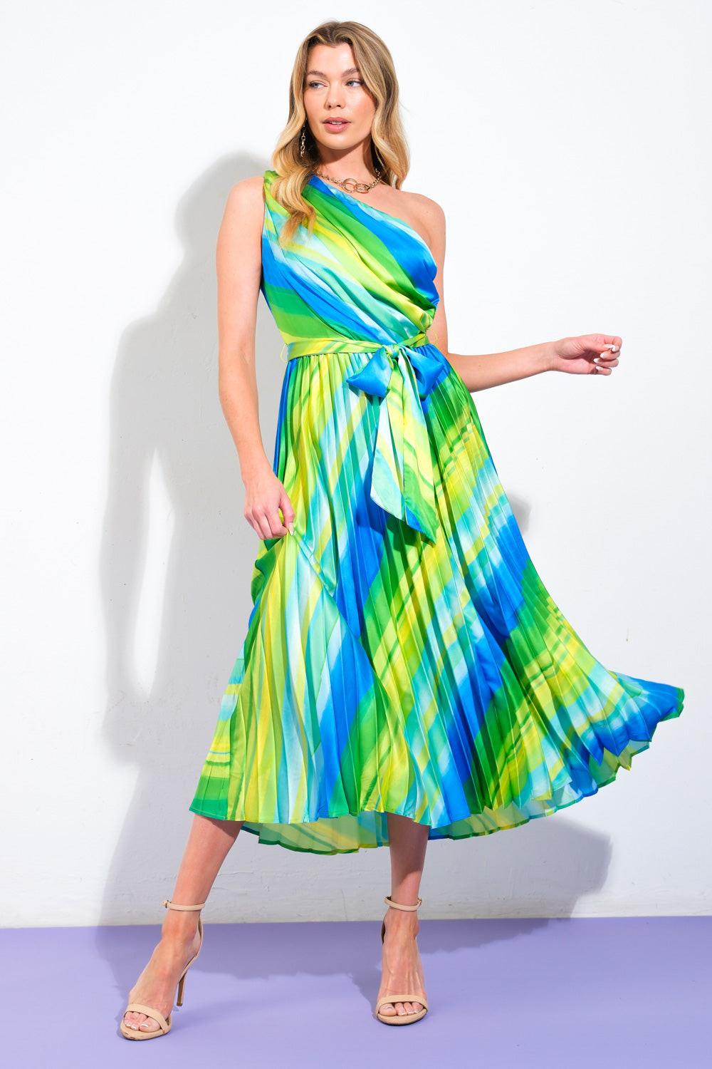 Exuberant Elegance Woven Midi Dress in blue green, view 1 — Soul Flow Apparel