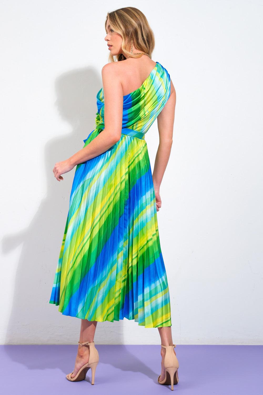 Exuberant Elegance Woven Midi Dress in blue green, view 2 — Soul Flow Apparel