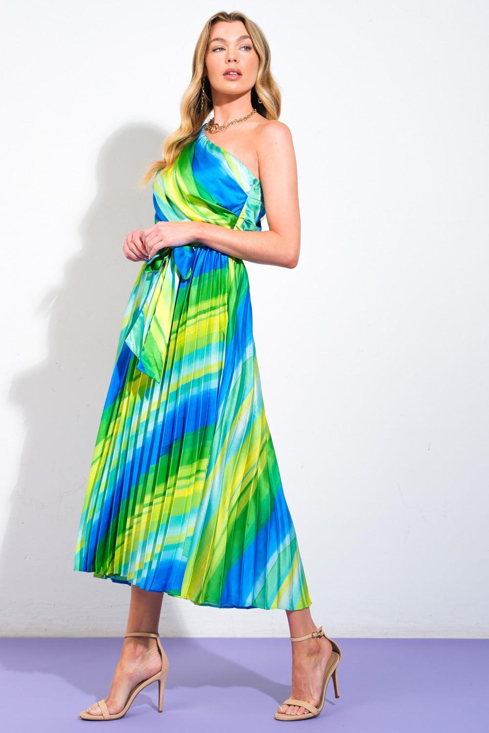 Exuberant Elegance Woven Midi Dress in blue green, view 3 — Soul Flow Apparel