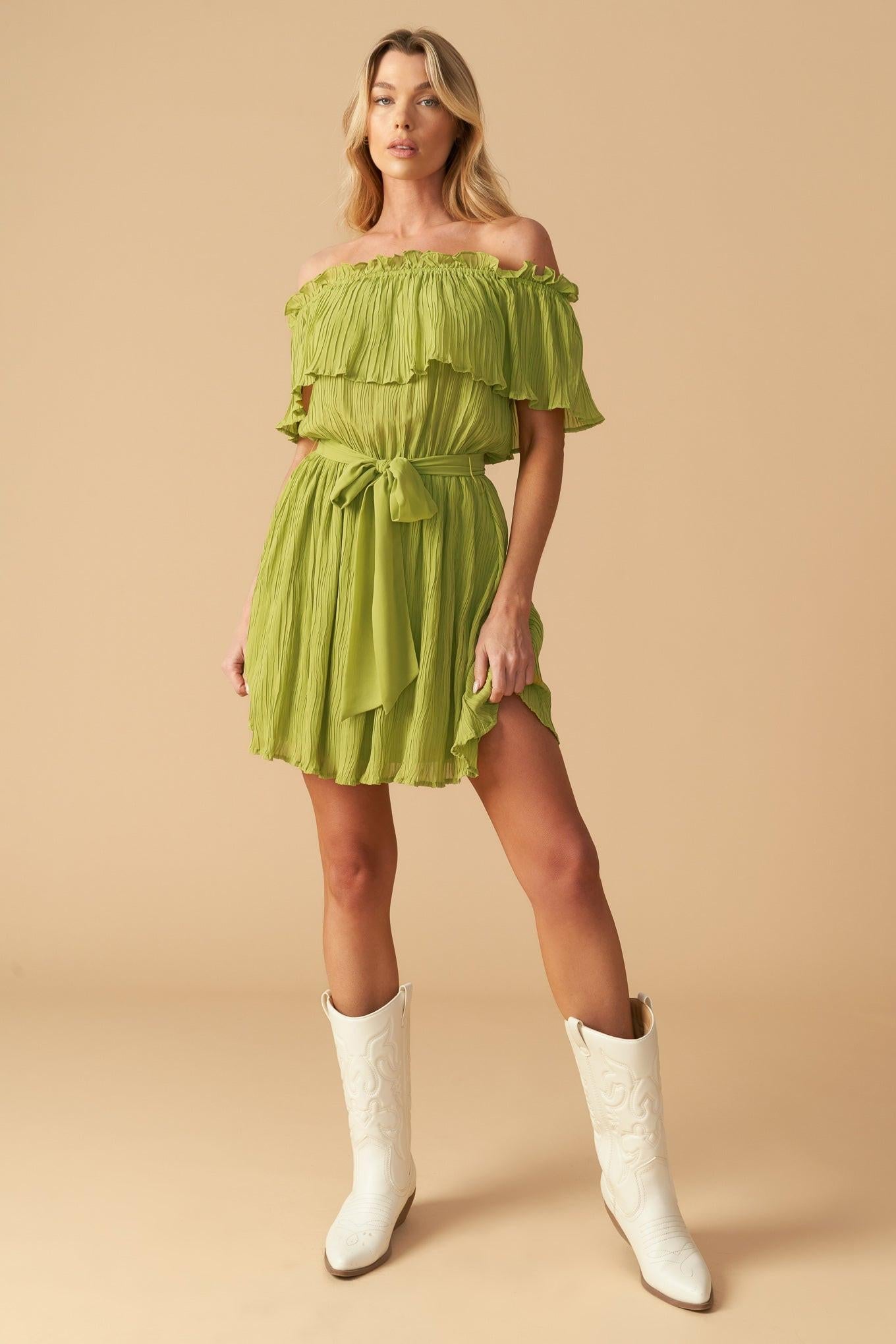 Just One More Woven Mini Dress in lime, view 1 — Soul Flow Apparel