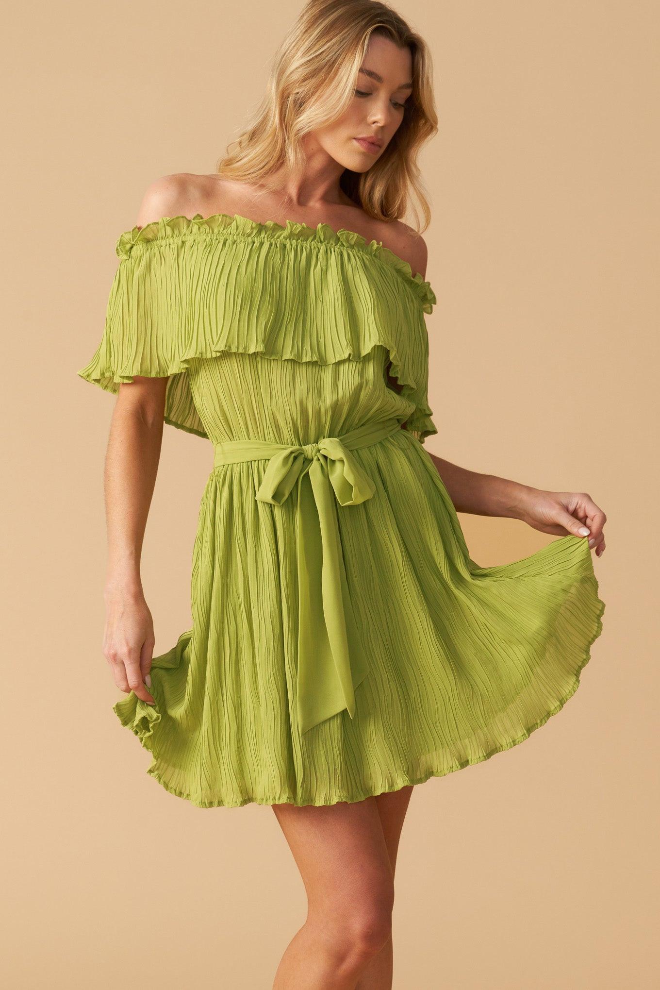 Just One More Woven Mini Dress in lime, view 2 — Soul Flow Apparel