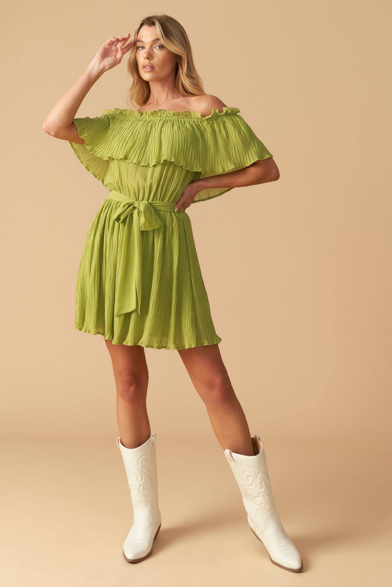 Just One More Woven Mini Dress in lime, view 3 — Soul Flow Apparel