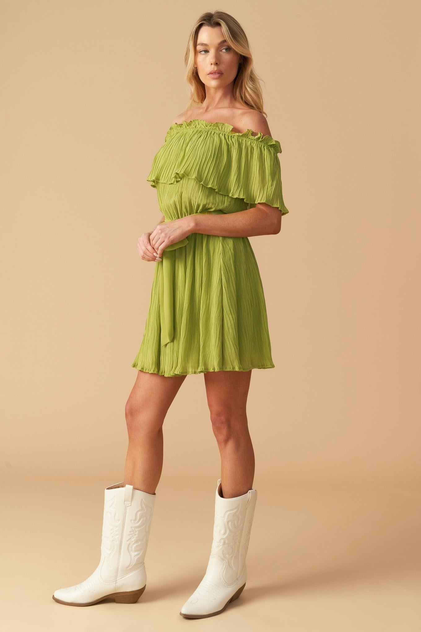 Just One More Woven Mini Dress in lime, view 4 — Soul Flow Apparel