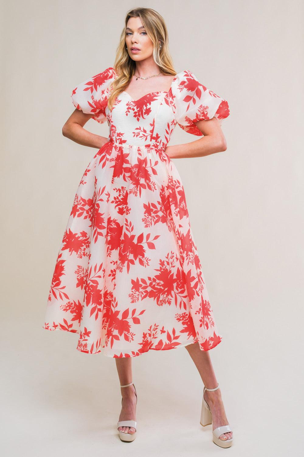 Successfully Cute Woven Midi Dress in ivory red, view 1 — Soul Flow Apparel