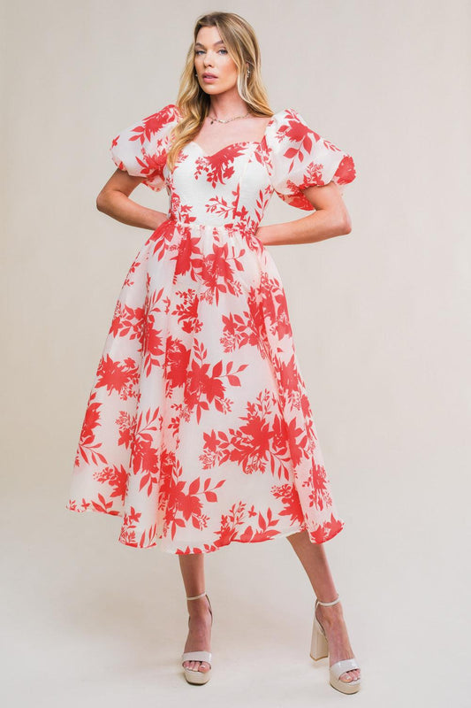Successfully Cute Woven Midi Dress in ivory red, view 1 — Soul Flow Apparel
