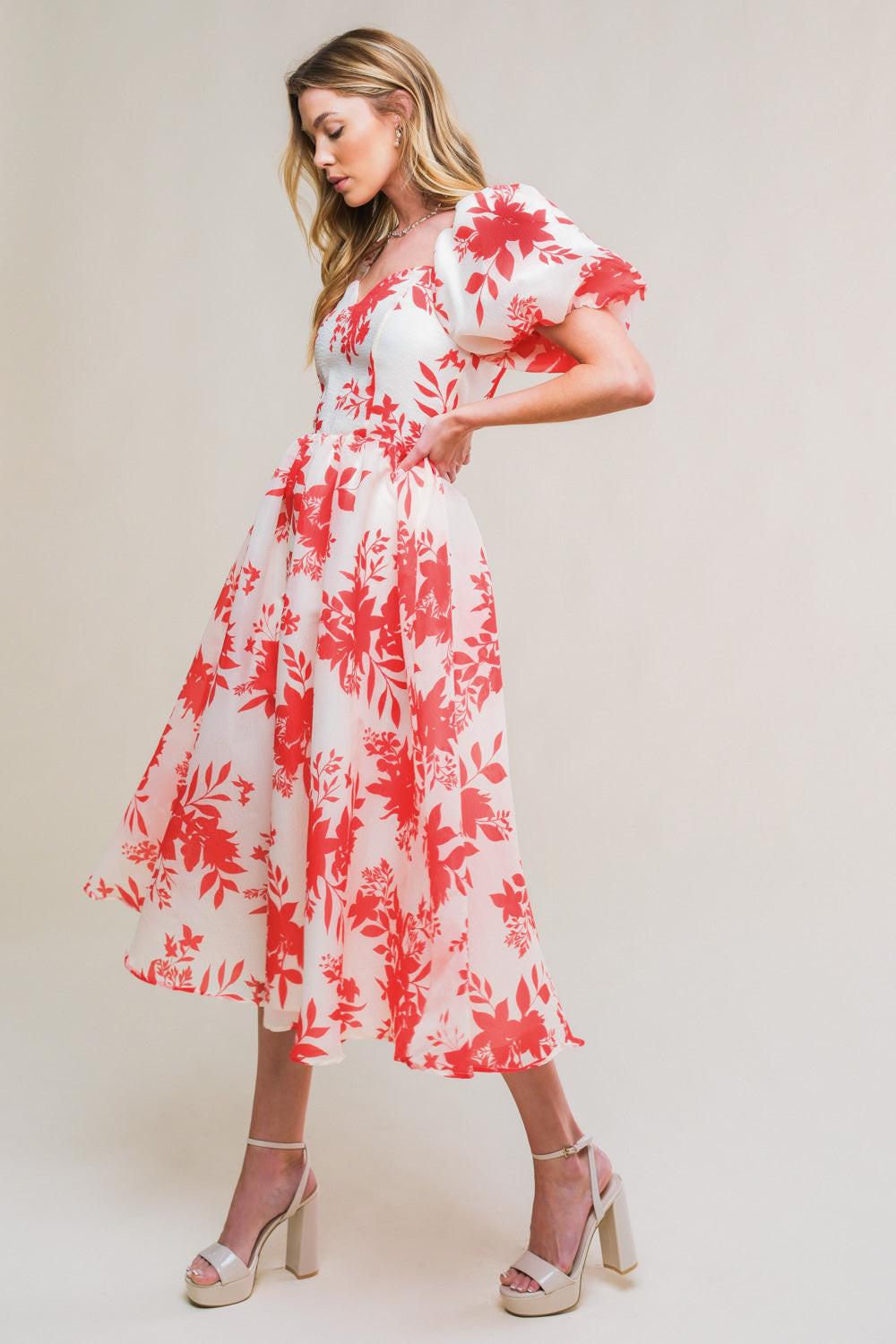 Successfully Cute Woven Midi Dress in ivory red, view 3 — Soul Flow Apparel