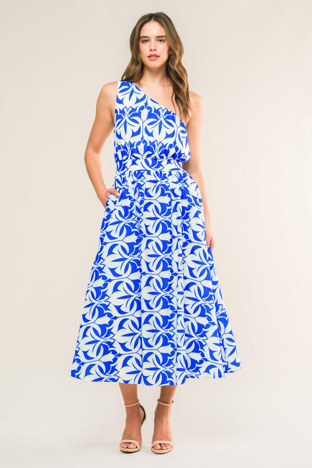 Feel the Beat Woven Midi Dress in ivory blue, view 1 — Soul Flow Apparel