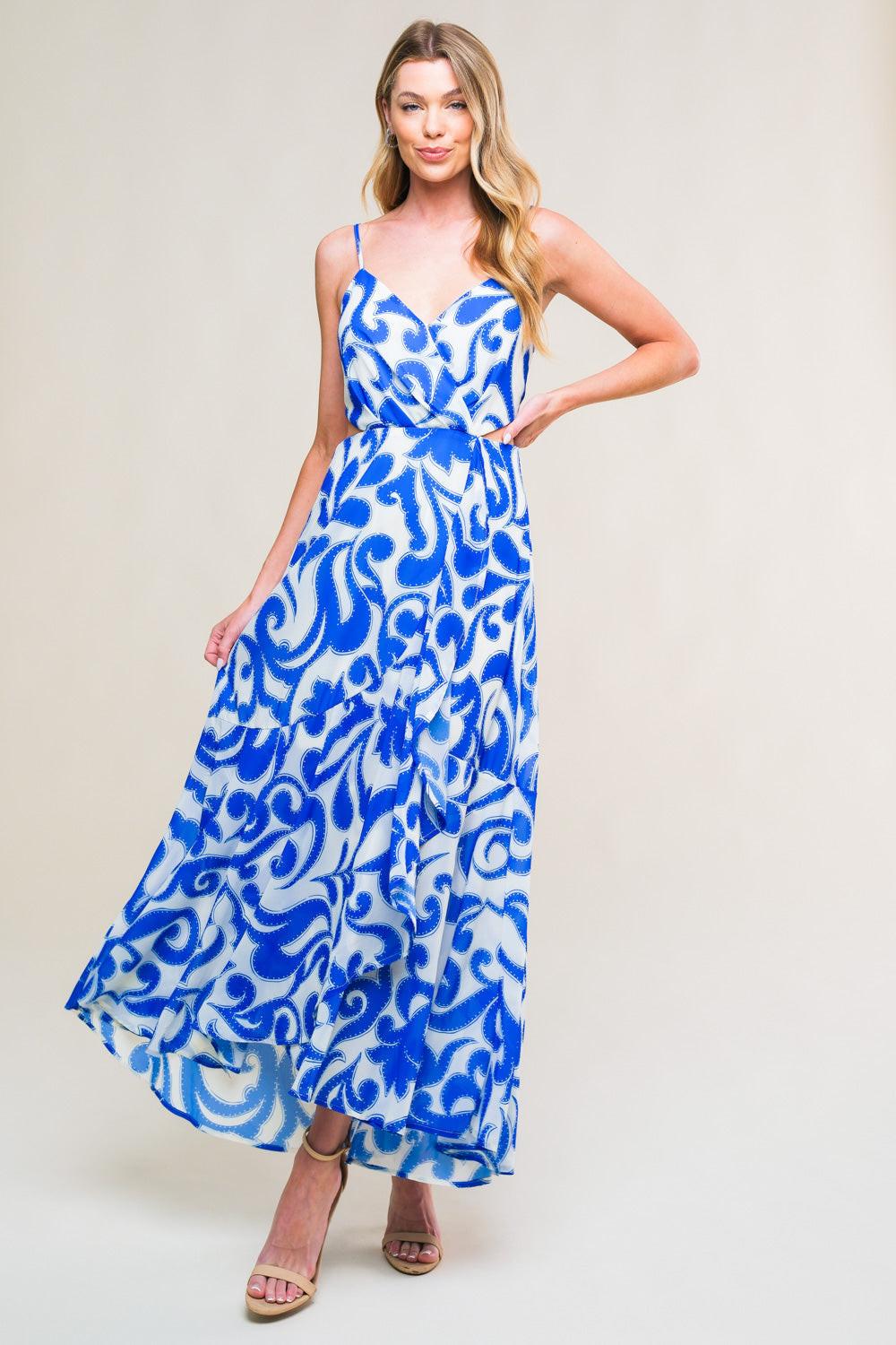 Getaway Icon Woven Midi Dress in ivory blue, view 1 — Soul Flow Apparel
