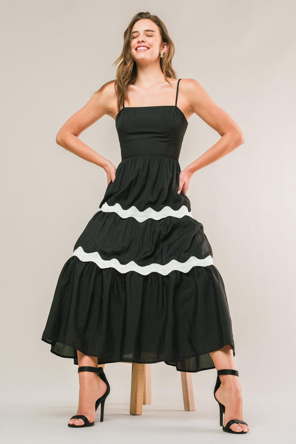 Summer Spritz Woven Midi Dress in black, view 1 — Soul Flow Apparel