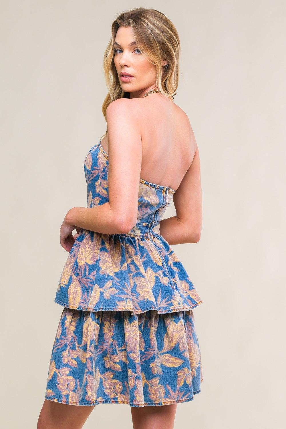 Summer Moments Denim Mini Dress in blue brown, view 2 — Soul Flow Apparel