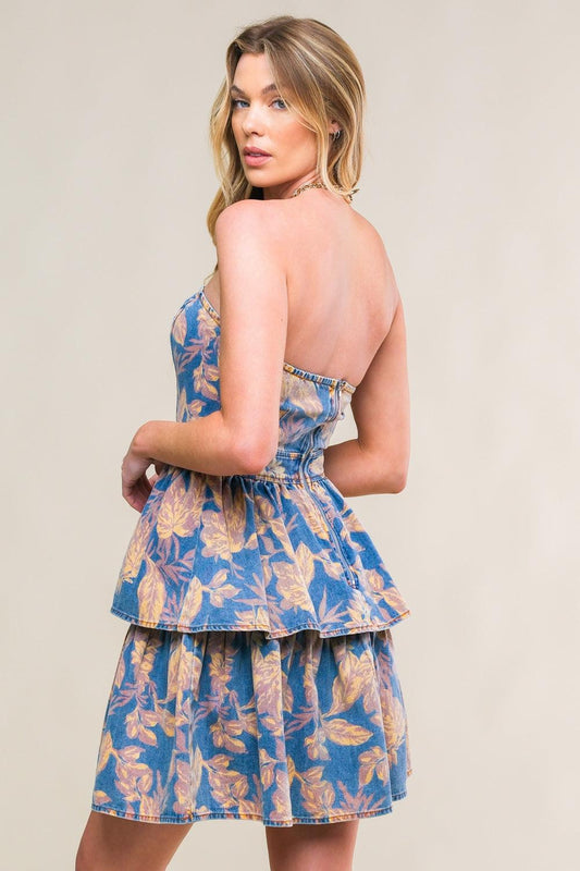 Summer Moments Denim Mini Dress in blue brown, view 2 — Soul Flow Apparel