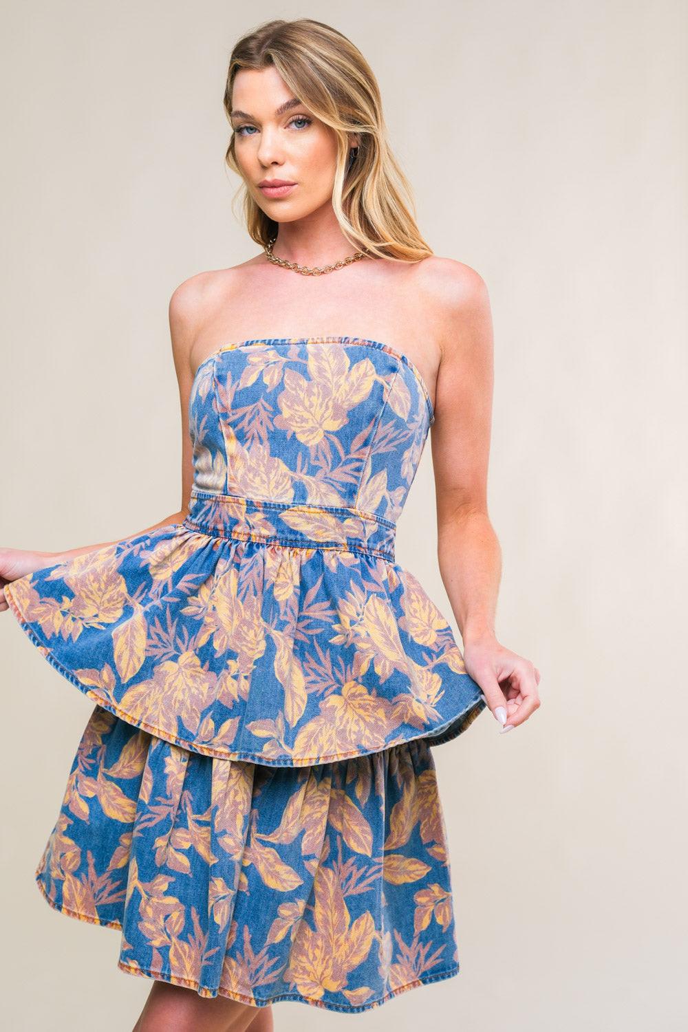 Summer Moments Denim Mini Dress in blue brown, view 4 — Soul Flow Apparel