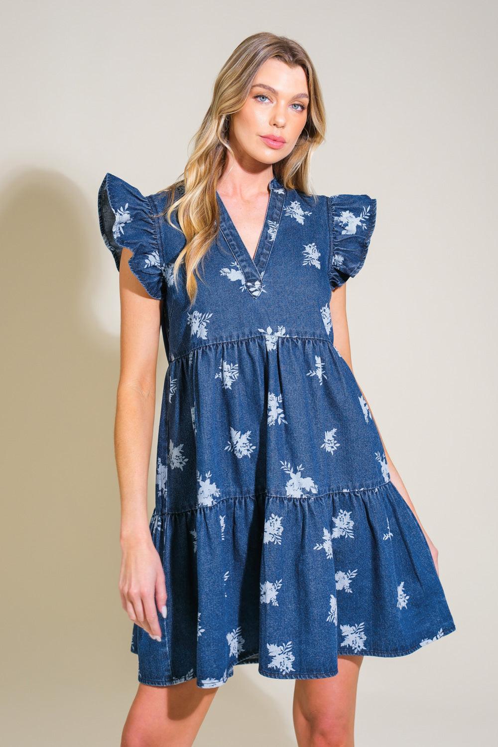 Romantically Entangled Denim Mini Dress in blue white, view 1 — Soul Flow Apparel
