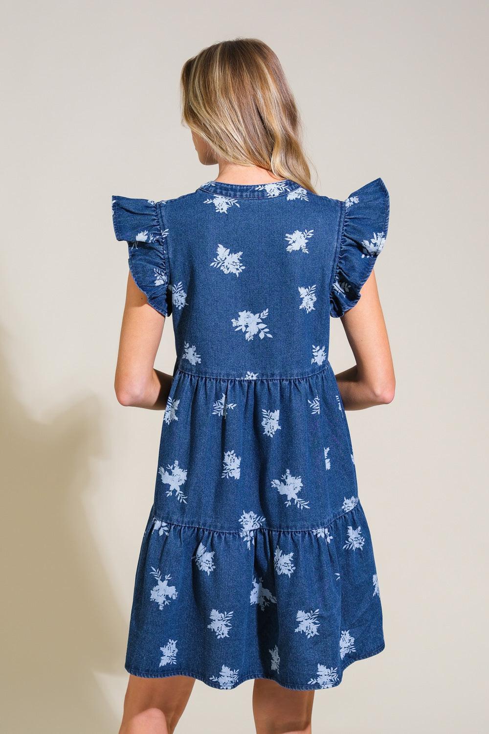 Romantically Entangled Denim Mini Dress in blue white, view 2 — Soul Flow Apparel