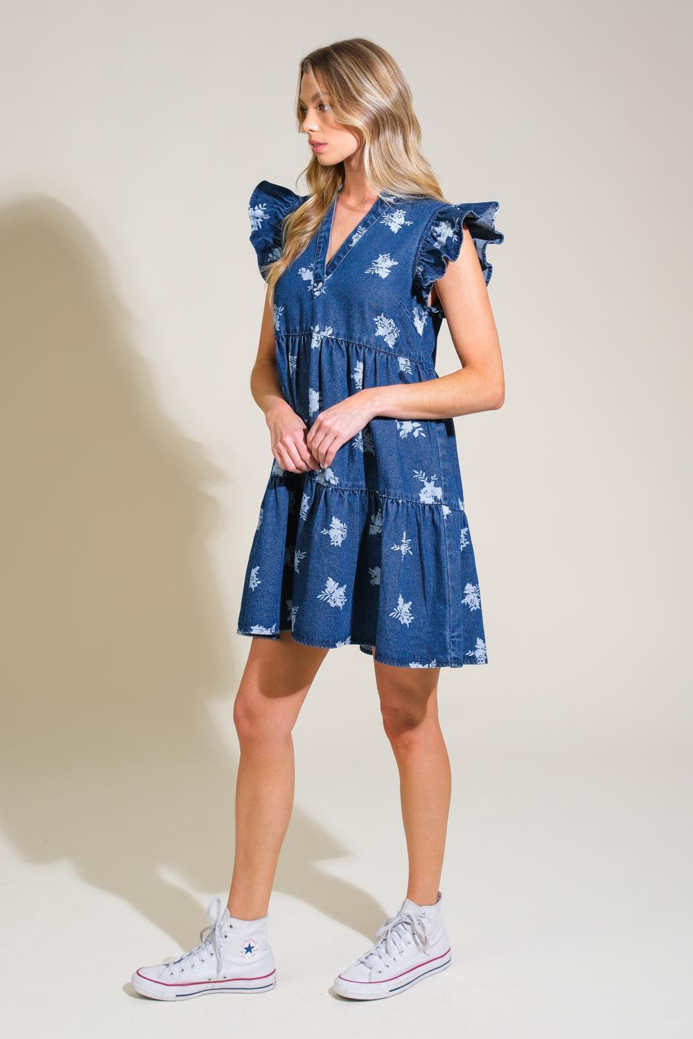 Romantically Entangled Denim Mini Dress in blue white, view 3 — Soul Flow Apparel