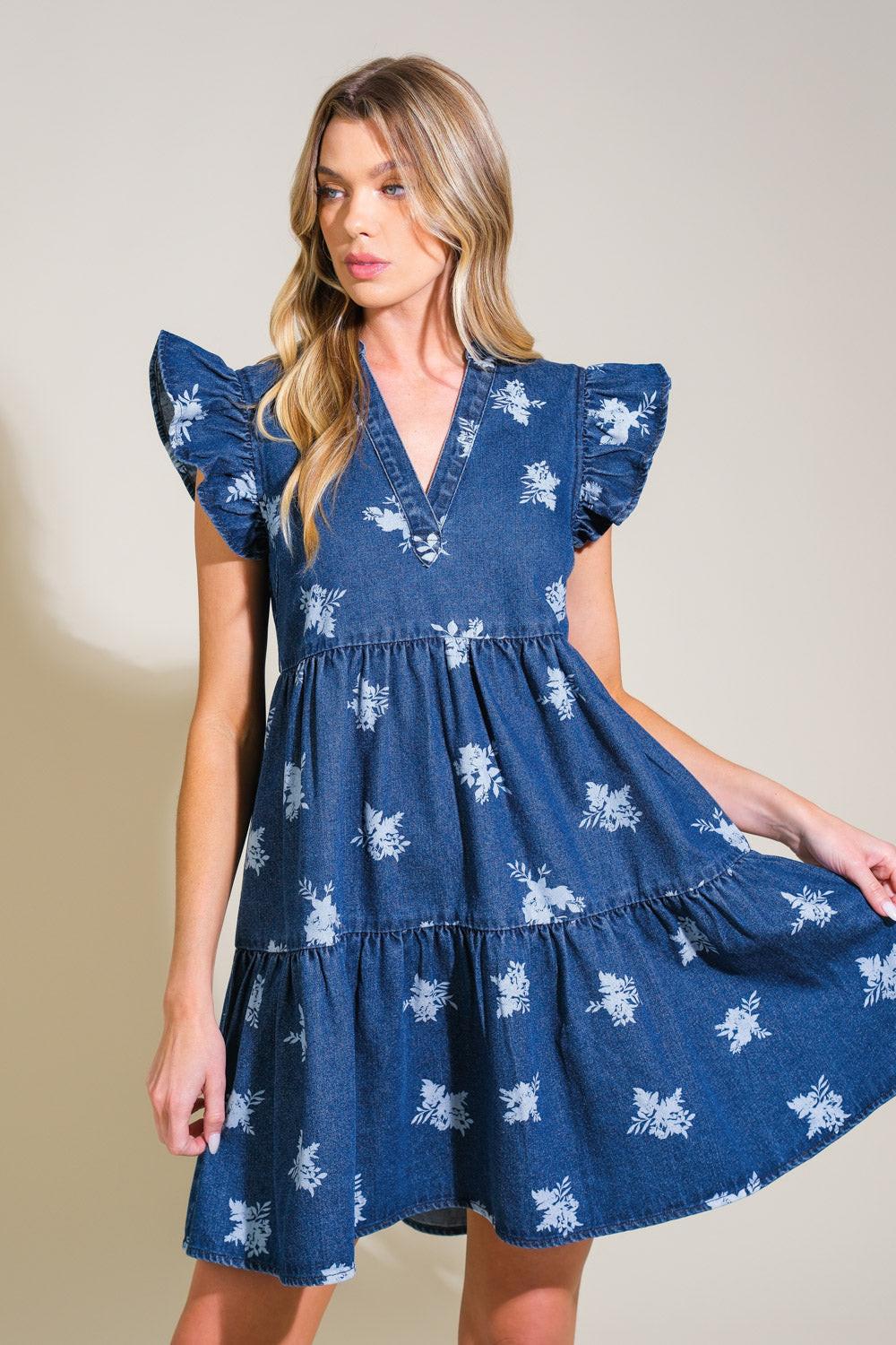 Romantically Entangled Denim Mini Dress in blue white, view 4 — Soul Flow Apparel