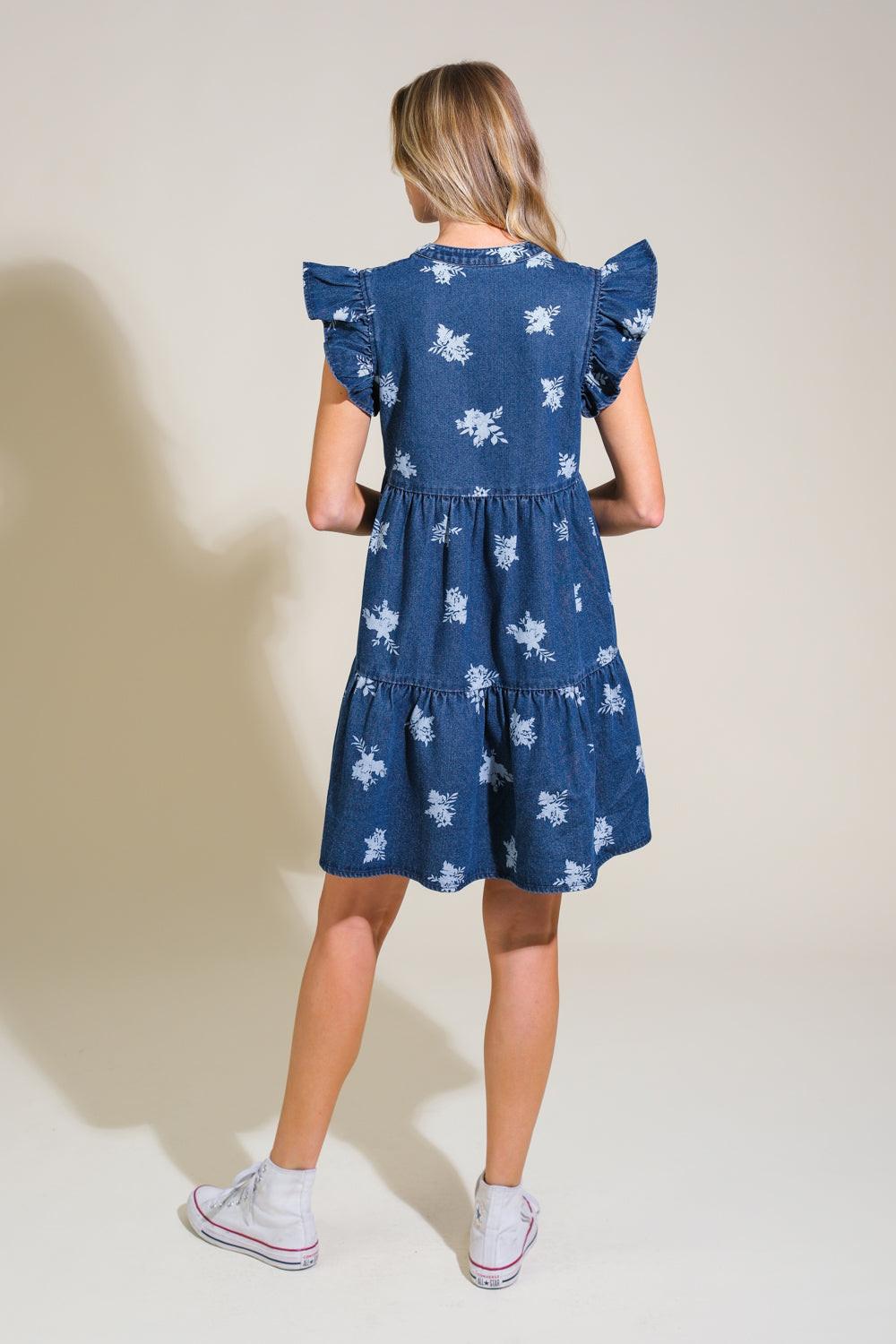 Romantically Entangled Denim Mini Dress in blue white, view 6 — Soul Flow Apparel
