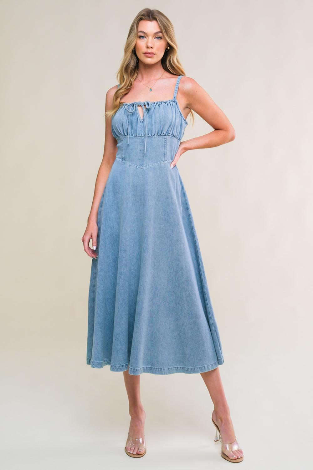 Gorgeous Adornment Denim Mini Dress in light indigo, view 1 — Soul Flow Apparel