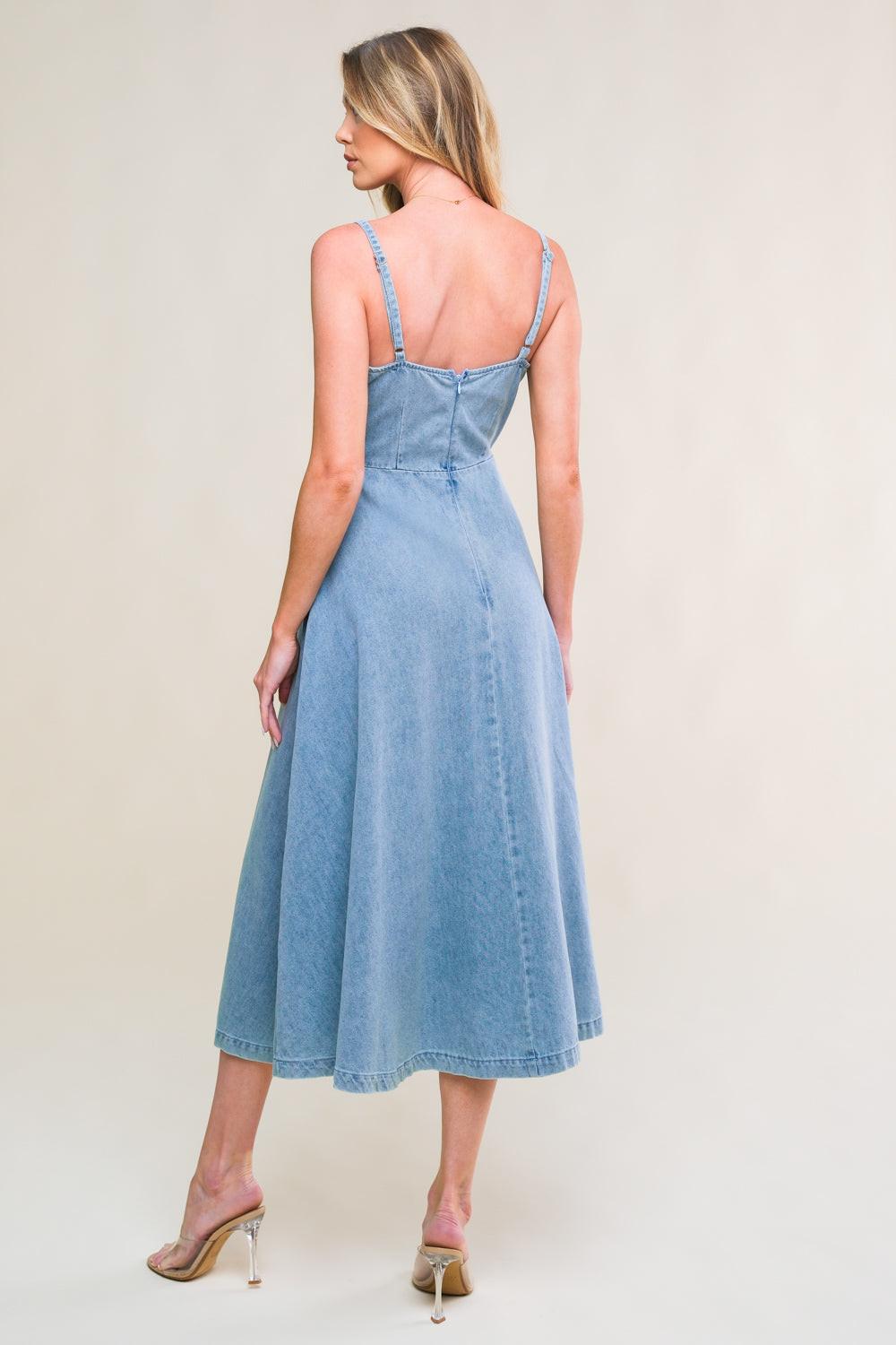Gorgeous Adornment Denim Mini Dress in light indigo, view 2 — Soul Flow Apparel