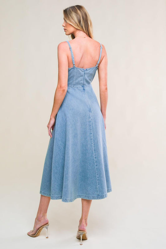 Gorgeous Adornment Denim Mini Dress in light indigo, view 2 — Soul Flow Apparel