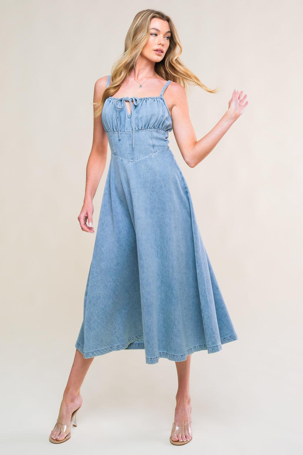 Gorgeous Adornment Denim Mini Dress in light indigo, view 5 — Soul Flow Apparel