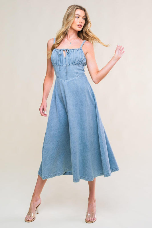 Gorgeous Adornment Denim Mini Dress in light indigo, view 5 — Soul Flow Apparel