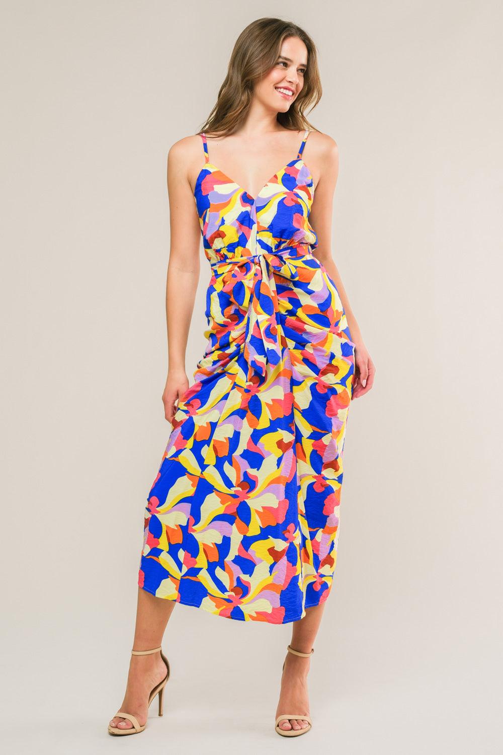 What Dreams Are Made Woven Midi Dress in white blue pink, view 3 — Soul Flow Apparel