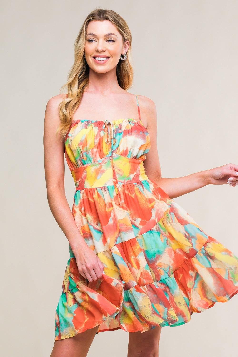 Majestic Energy Woven Mini Dress in brown teal, view 1 — Soul Flow Apparel