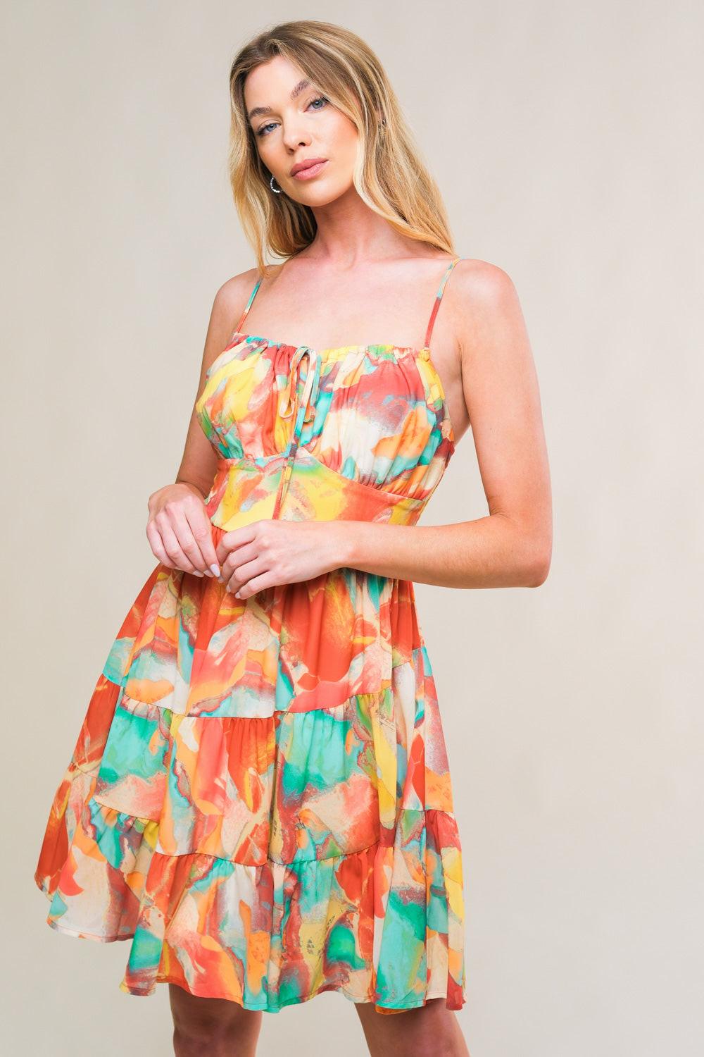 Majestic Energy Woven Mini Dress in brown teal, view 4 — Soul Flow Apparel