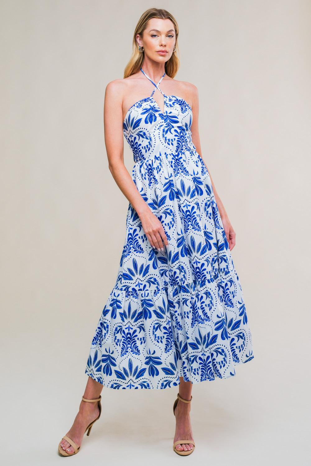 Flawless Sensation Woven Midi Dress in white blue, view 1 — Soul Flow Apparel