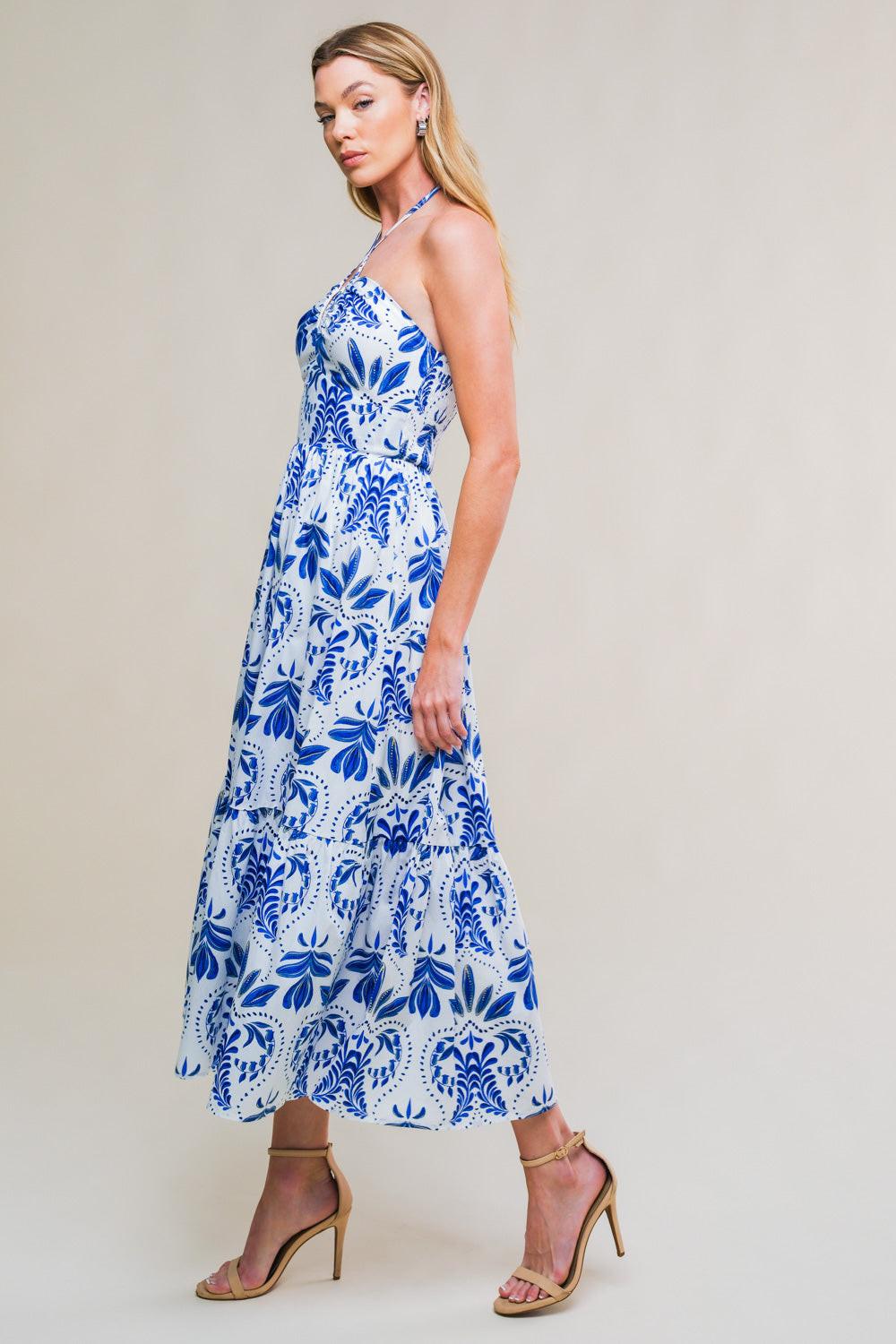 Flawless Sensation Woven Midi Dress in white blue, view 3 — Soul Flow Apparel