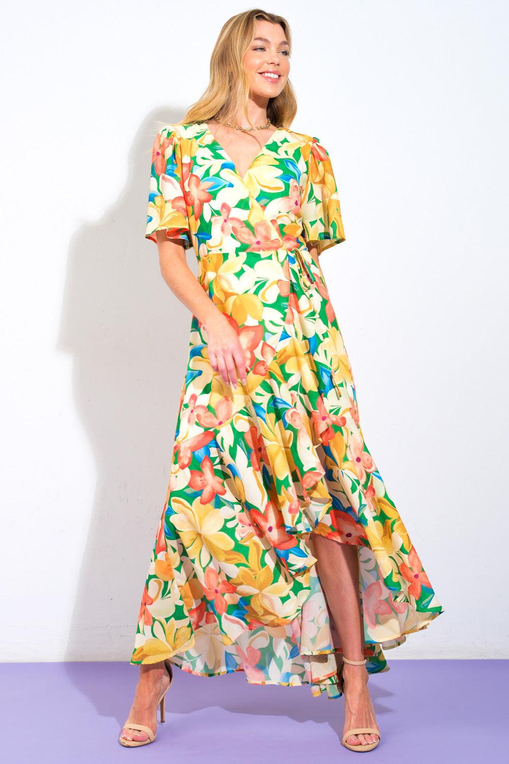 Elaborate Charm Woven Hi-Lo Dress in green, view 1 — Soul Flow Apparel