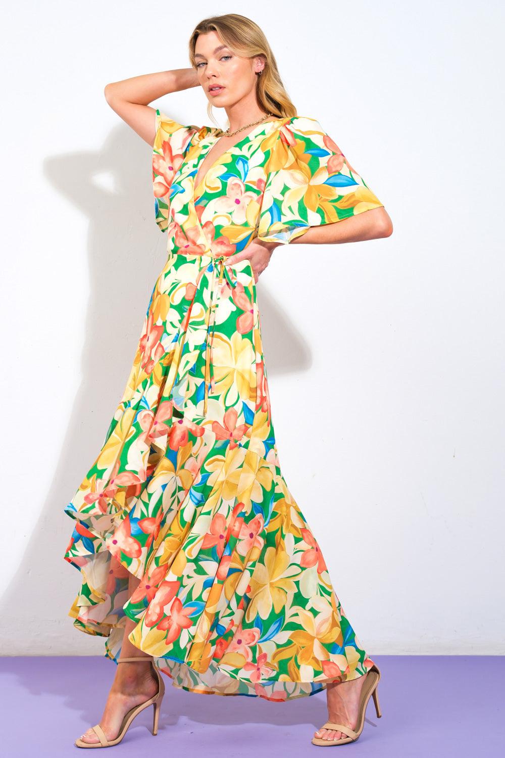 Elaborate Charm Woven Hi-Lo Dress in green, view 3 — Soul Flow Apparel