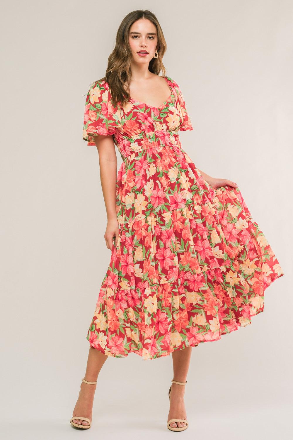 Love Is Blooming Woven Midi Dress in brick, view 1 — Soul Flow Apparel