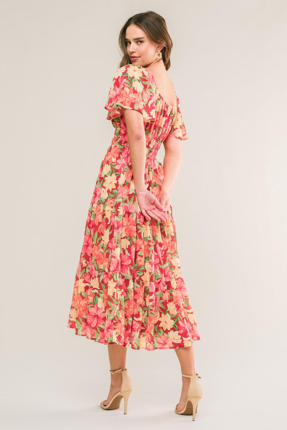 Love Is Blooming Woven Midi Dress in brick, view 2 — Soul Flow Apparel