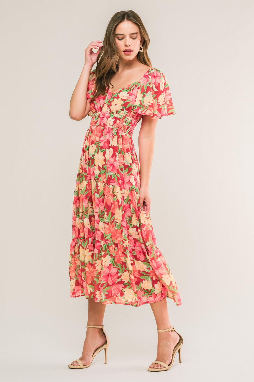 Love Is Blooming Woven Midi Dress in brick, view 3 — Soul Flow Apparel