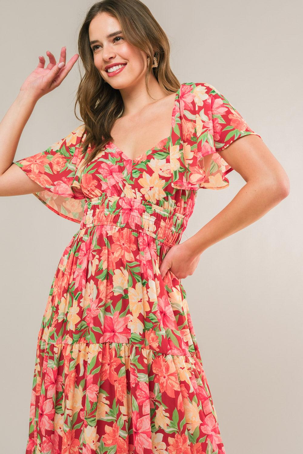 Love Is Blooming Woven Midi Dress in brick, view 4 — Soul Flow Apparel