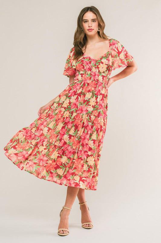 Love Is Blooming Woven Midi Dress in brick, view 5 — Soul Flow Apparel