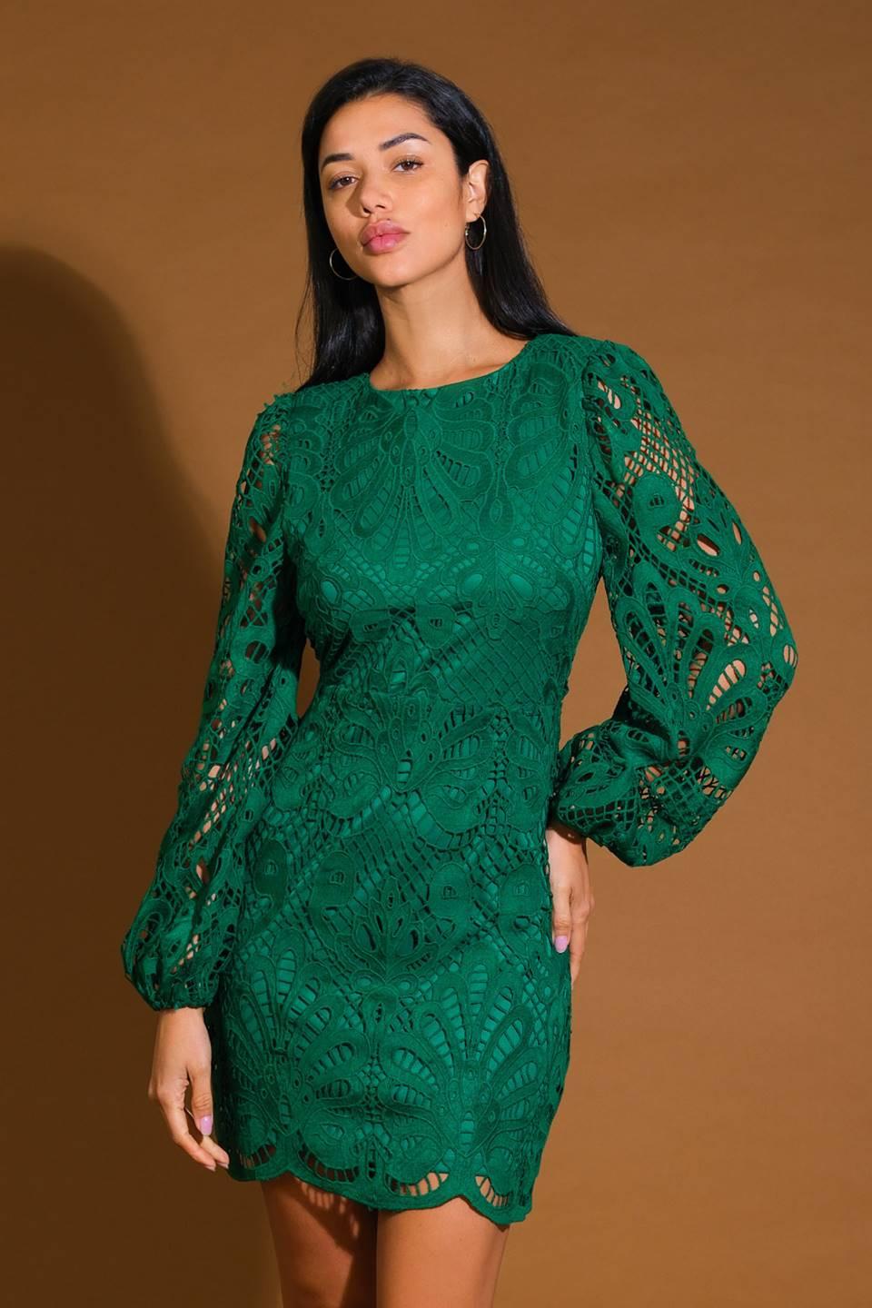 Whispered Comfort Woven Lace Mini Dress in huntergreen, view 1 — Soul Flow Apparel