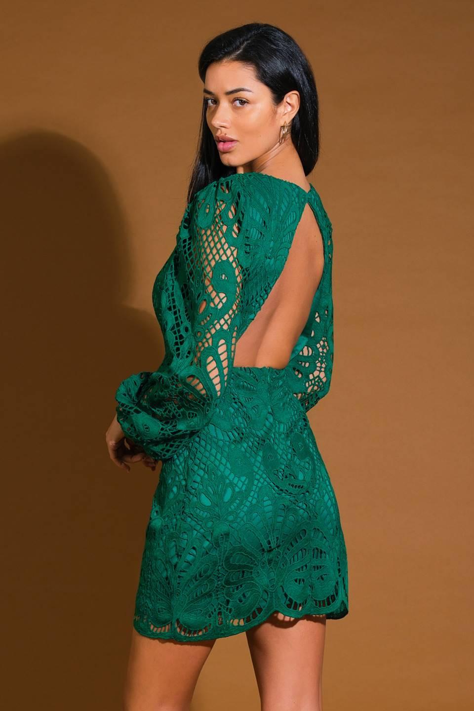Whispered Comfort Woven Lace Mini Dress in huntergreen, view 2 — Soul Flow Apparel