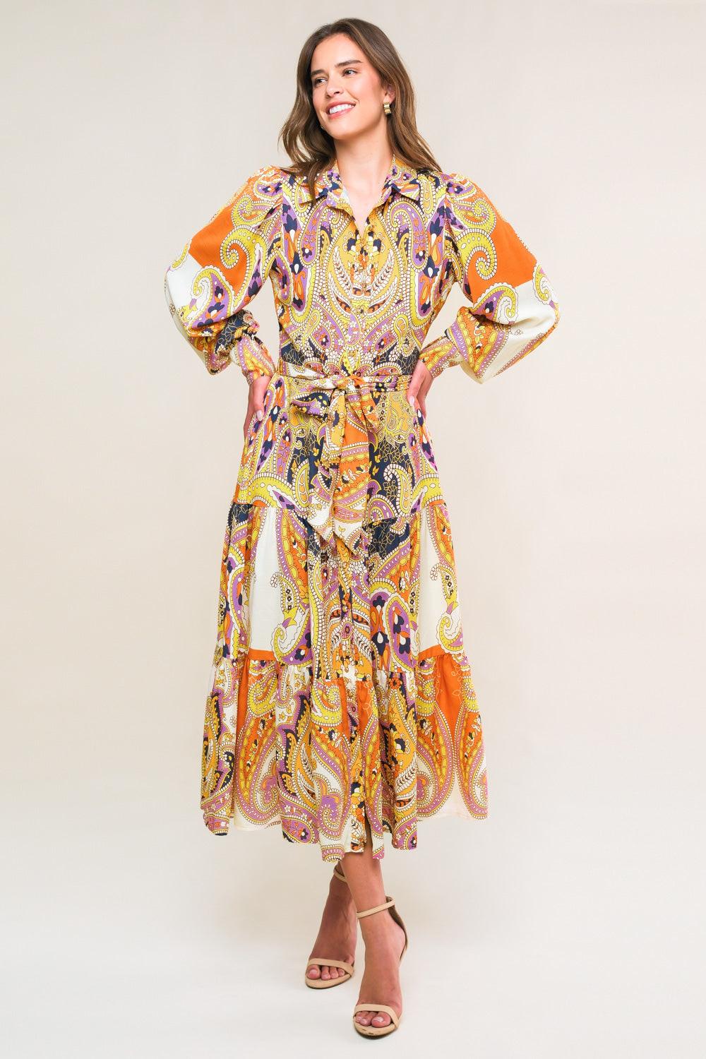 Aesthetic Pose Woven Midi Dress in ivory grey rust, view 1 — Soul Flow Apparel