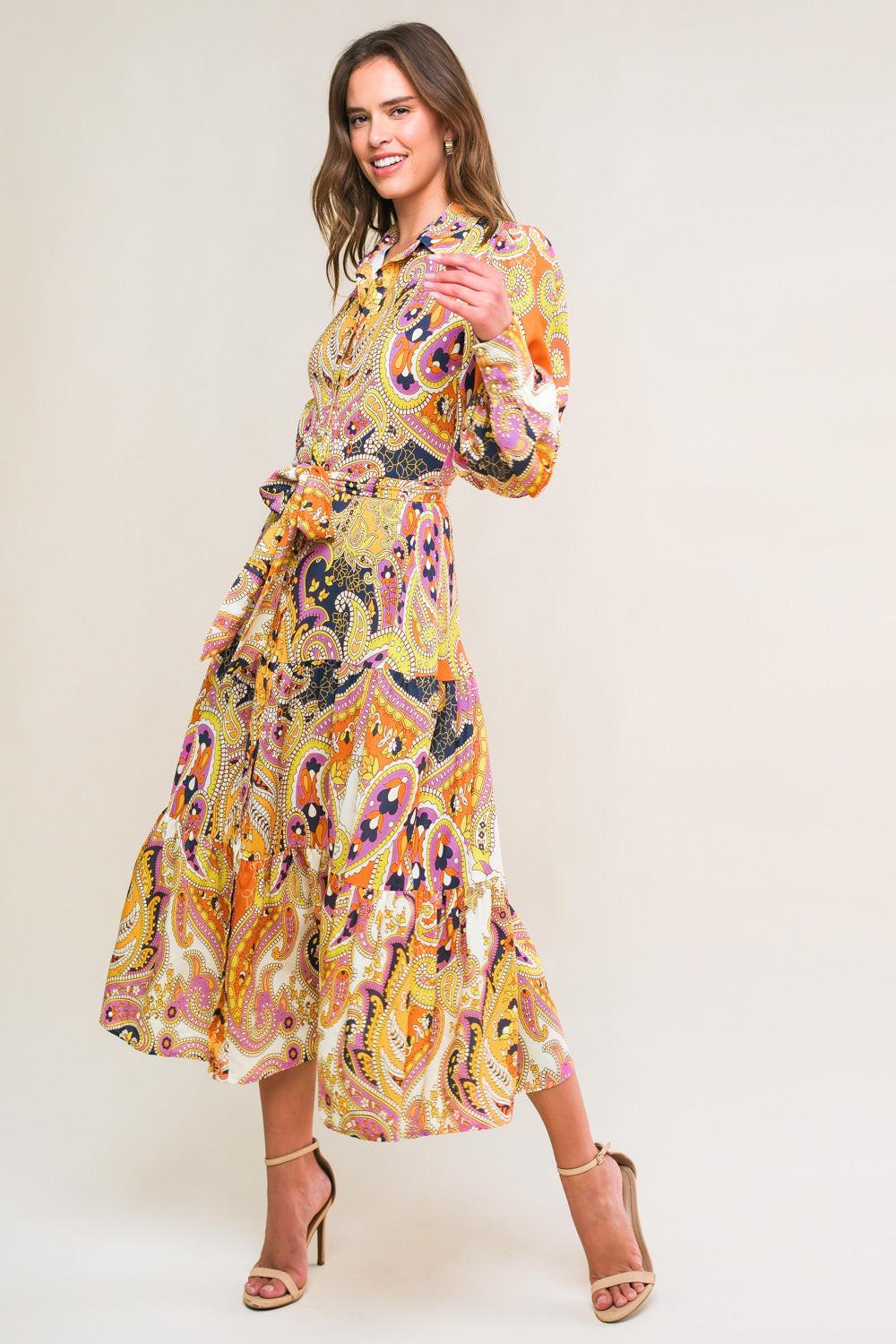 Aesthetic Pose Woven Midi Dress in ivory grey rust, view 3 — Soul Flow Apparel