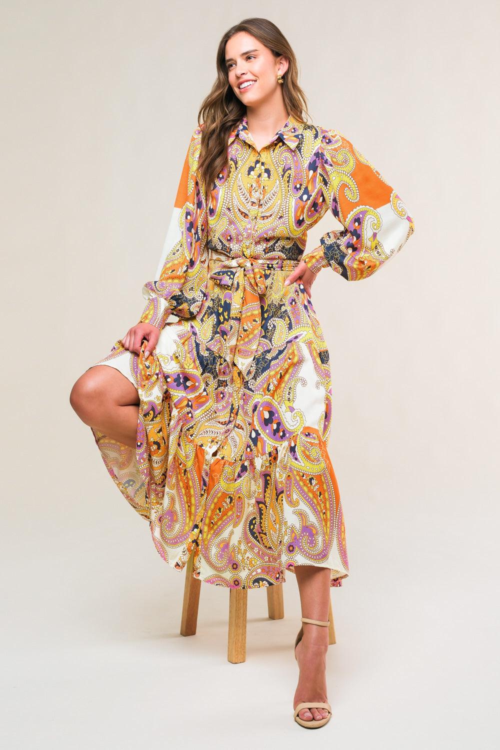Aesthetic Pose Woven Midi Dress in ivory grey rust, view 5 — Soul Flow Apparel