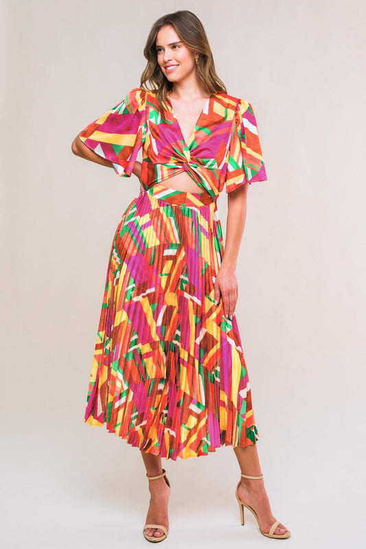 Irresistible Fun Woven Midi Dress in brown fuchsia green, view 1 — Soul Flow Apparel