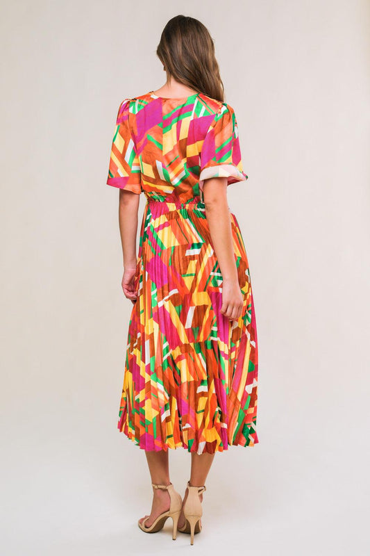 Irresistible Fun Woven Midi Dress in brown fuchsia green, view 2 — Soul Flow Apparel