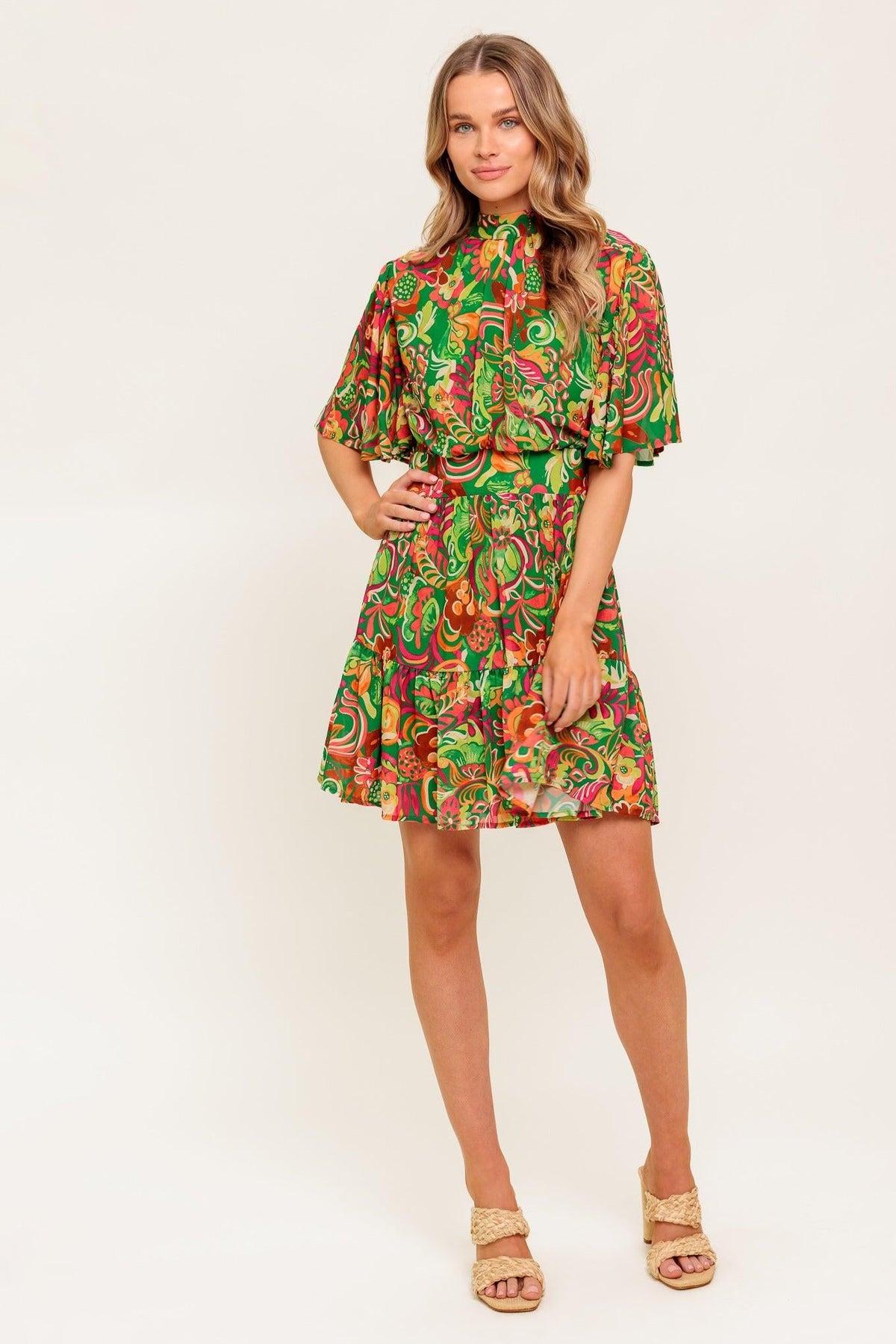 Clean Aesthetic Woven Mini Dress in green, view 1 — Soul Flow Apparel